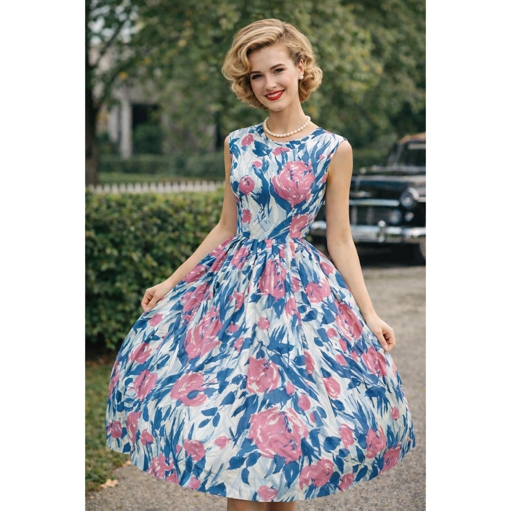 1950s‎ 60s Summer Dress printed Flower pattern full skirt  Rockabilly (Size M L)